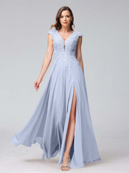 V-Neck Sleeveless A-Line Princess Chiffon Bridesmaid Dress with Applique and Side Split