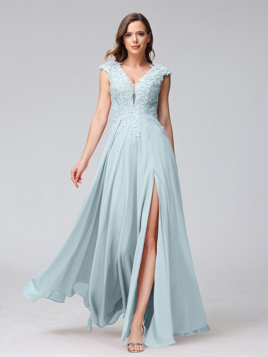 V-Neck Sleeveless A-Line Princess Chiffon Bridesmaid Dress with Applique and Side Split