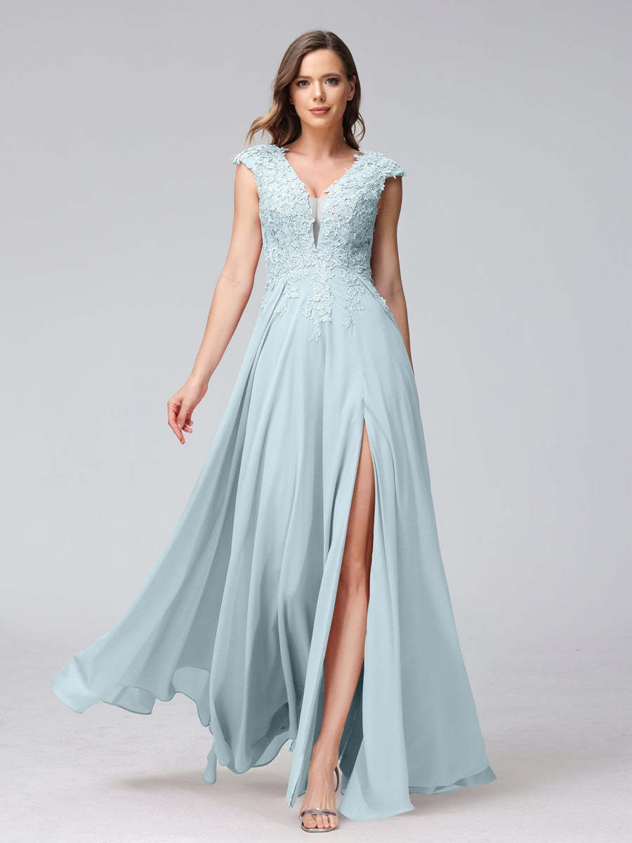 V-Neck Sleeveless A-Line Princess Chiffon Bridesmaid Dress with Applique and Side Split