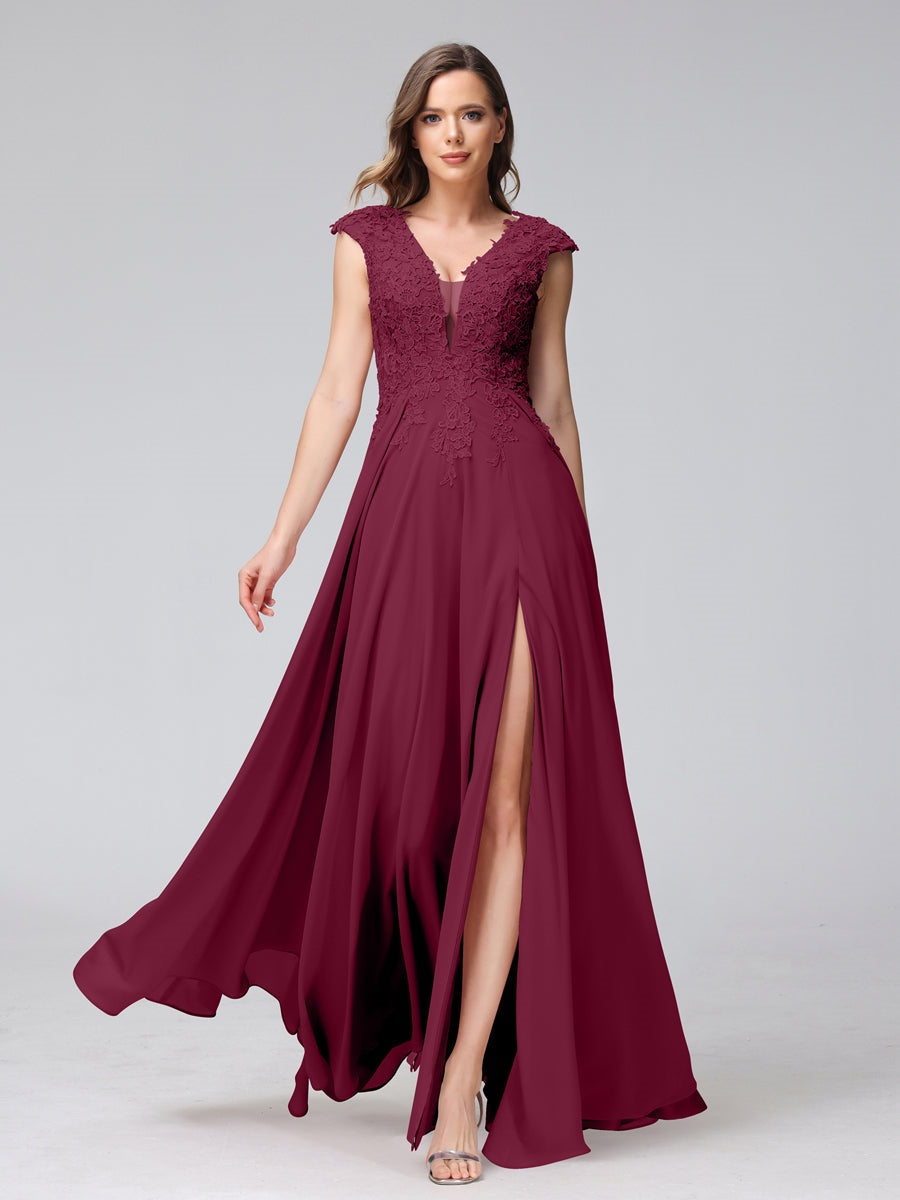 V-Neck Sleeveless A-Line Princess Chiffon Bridesmaid Dress with Applique and Side Split