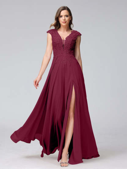 V-Neck Sleeveless A-Line Princess Chiffon Bridesmaid Dress with Applique and Side Split