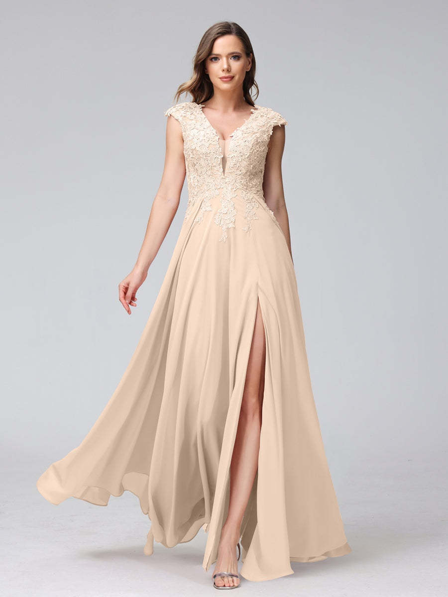 V-Neck Sleeveless A-Line Princess Chiffon Bridesmaid Dress with Applique and Side Split