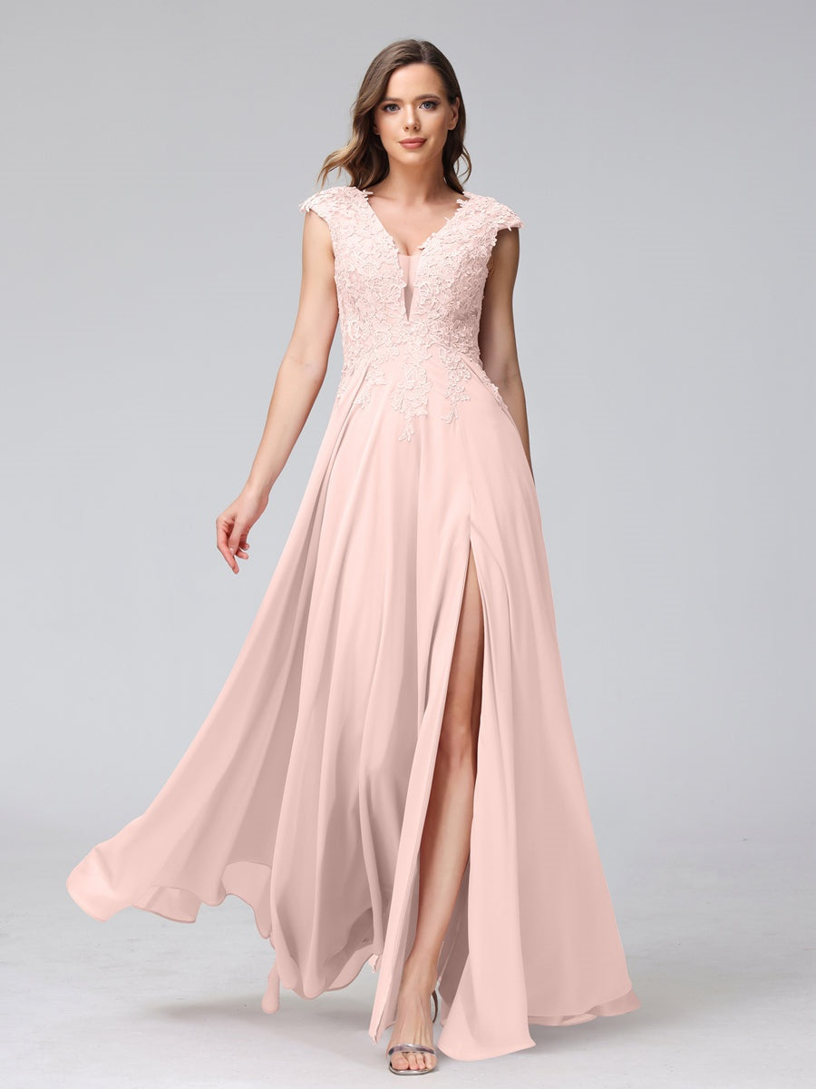 V-Neck Sleeveless A-Line Princess Chiffon Bridesmaid Dress with Applique and Side Split