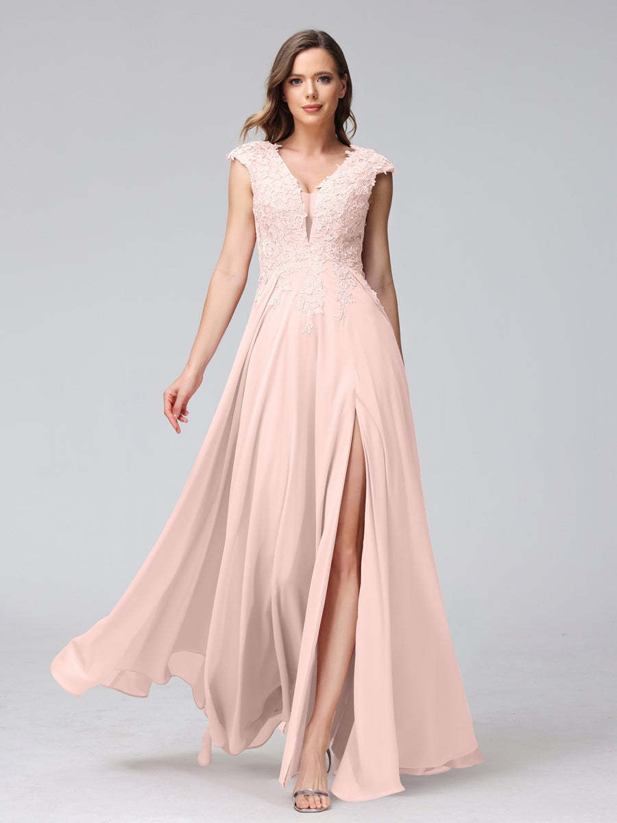 V-Neck Sleeveless A-Line Princess Chiffon Bridesmaid Dress with Applique and Side Split