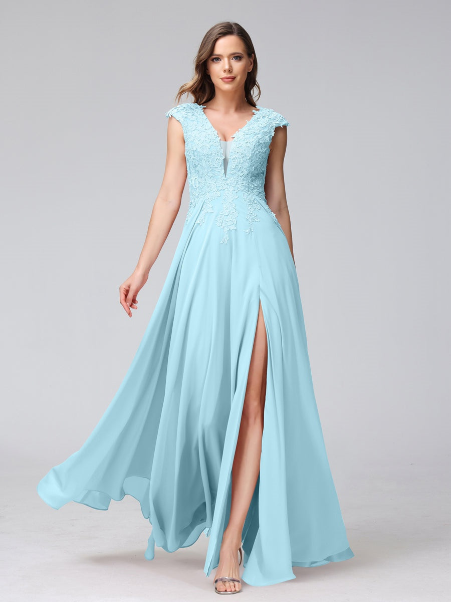 V-Neck Sleeveless A-Line Princess Chiffon Bridesmaid Dress with Applique and Side Split