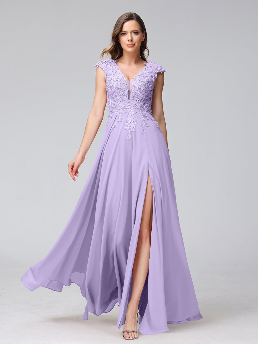 V-Neck Sleeveless A-Line Princess Chiffon Bridesmaid Dress with Applique and Side Split