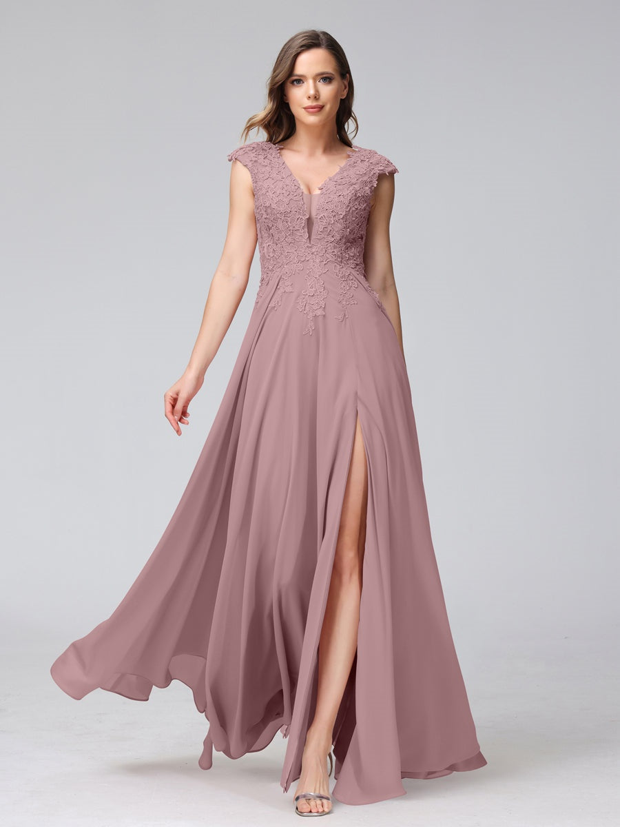 V-Neck Sleeveless A-Line Princess Chiffon Bridesmaid Dress with Applique and Side Split