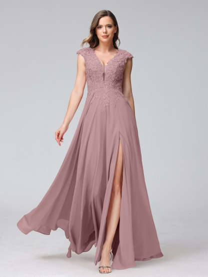 V-Neck Sleeveless A-Line Princess Chiffon Bridesmaid Dress with Applique and Side Split