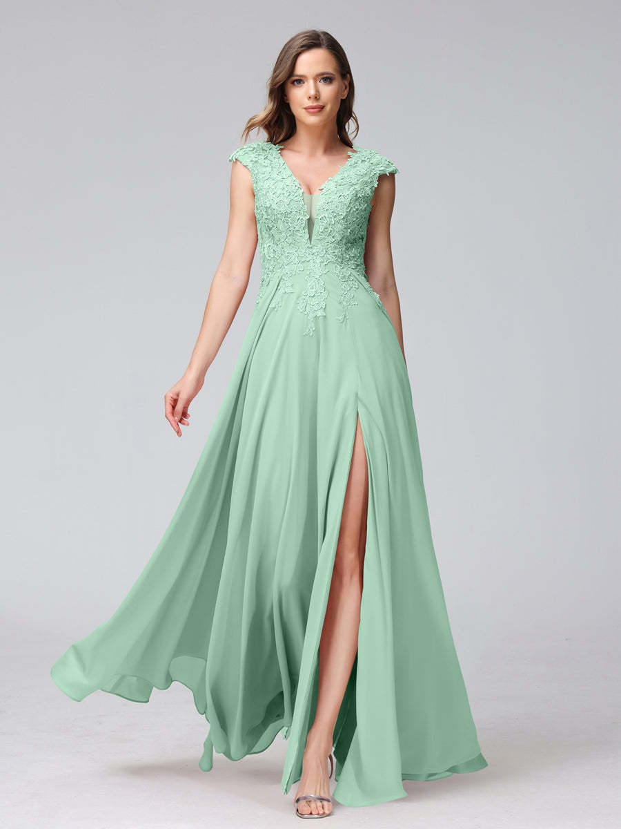 V-Neck Sleeveless A-Line Princess Chiffon Bridesmaid Dress with Applique and Side Split