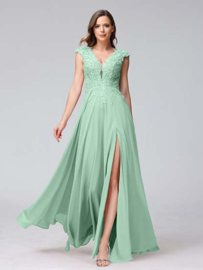 V-Neck Sleeveless A-Line Princess Chiffon Bridesmaid Dress with Applique and Side Split