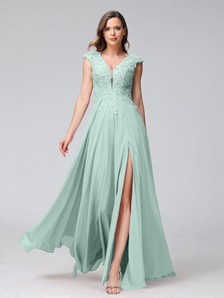 V-Neck Sleeveless A-Line Princess Chiffon Bridesmaid Dress with Applique and Side Split