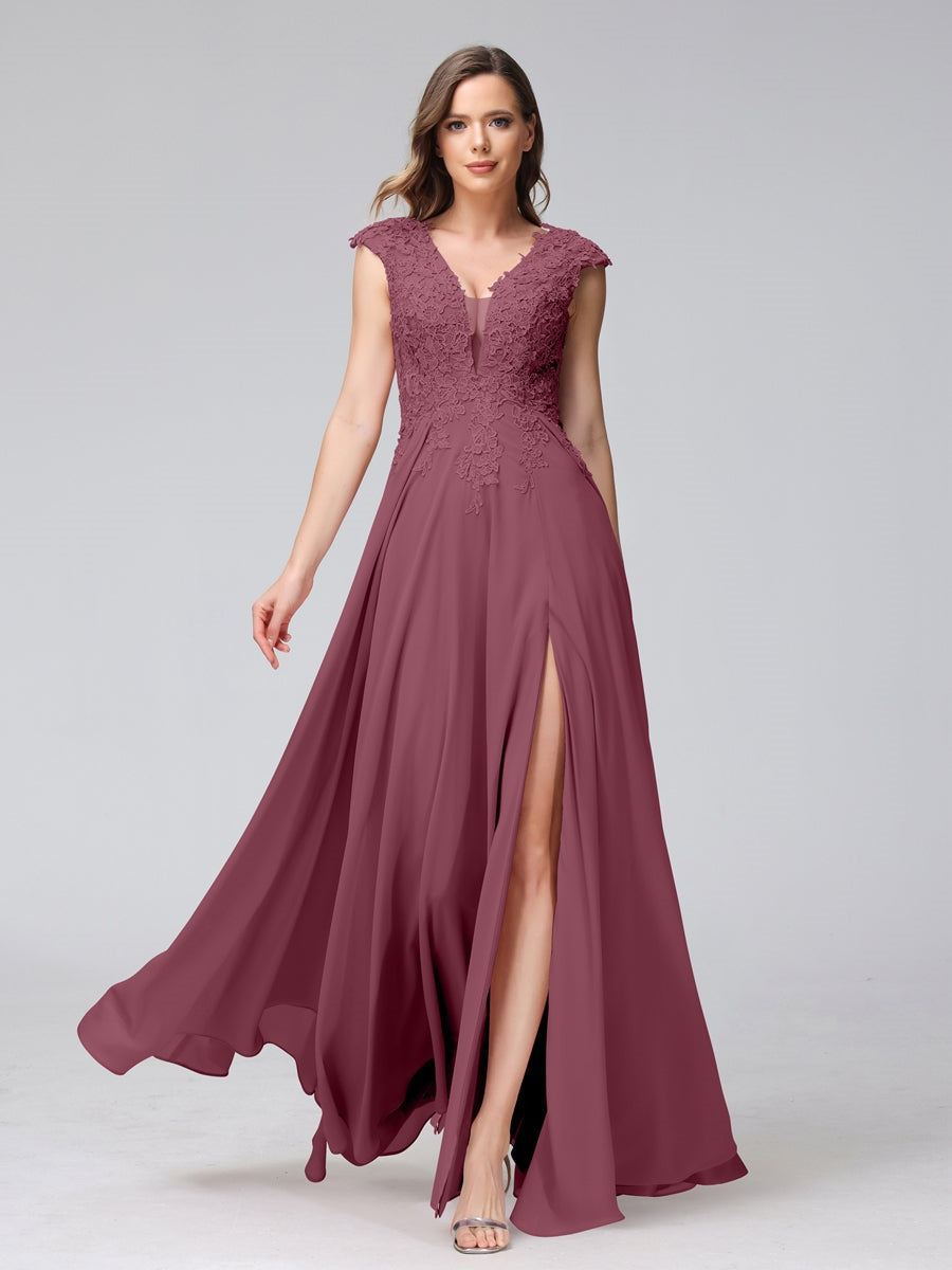 V-Neck Sleeveless A-Line Princess Chiffon Bridesmaid Dress with Applique and Side Split