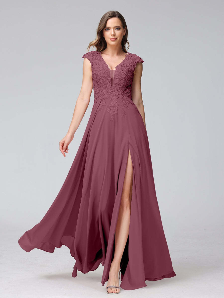V-Neck Sleeveless A-Line Princess Chiffon Bridesmaid Dress with Applique and Side Split