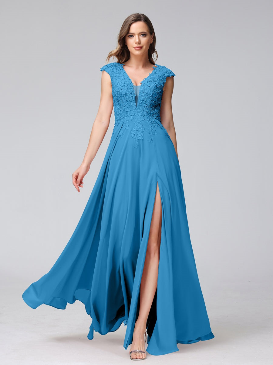 V-Neck Sleeveless A-Line Princess Chiffon Bridesmaid Dress with Applique and Side Split