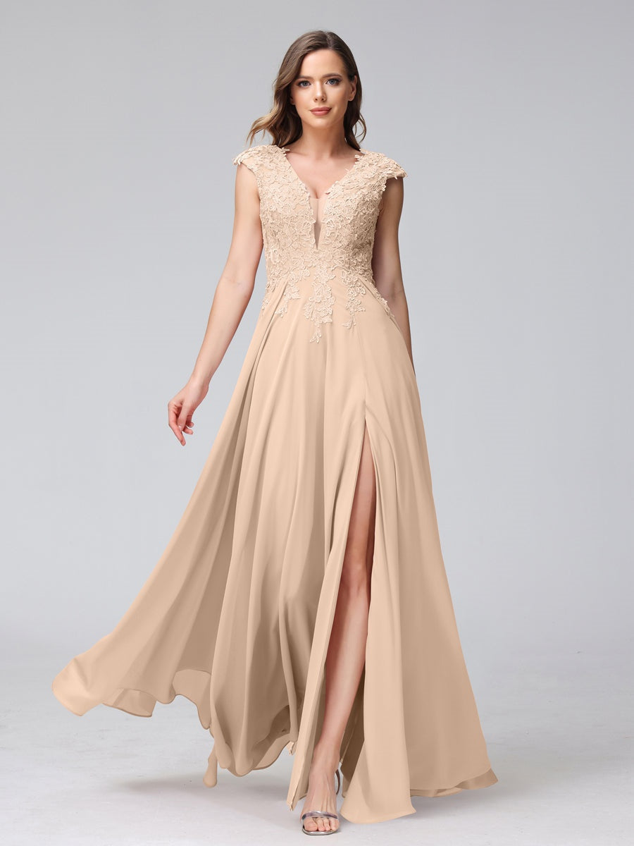 V-Neck Sleeveless A-Line Princess Chiffon Bridesmaid Dress with Applique and Side Split