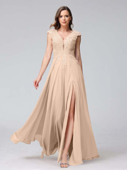 V-Neck Sleeveless A-Line Princess Chiffon Bridesmaid Dress with Applique and Side Split