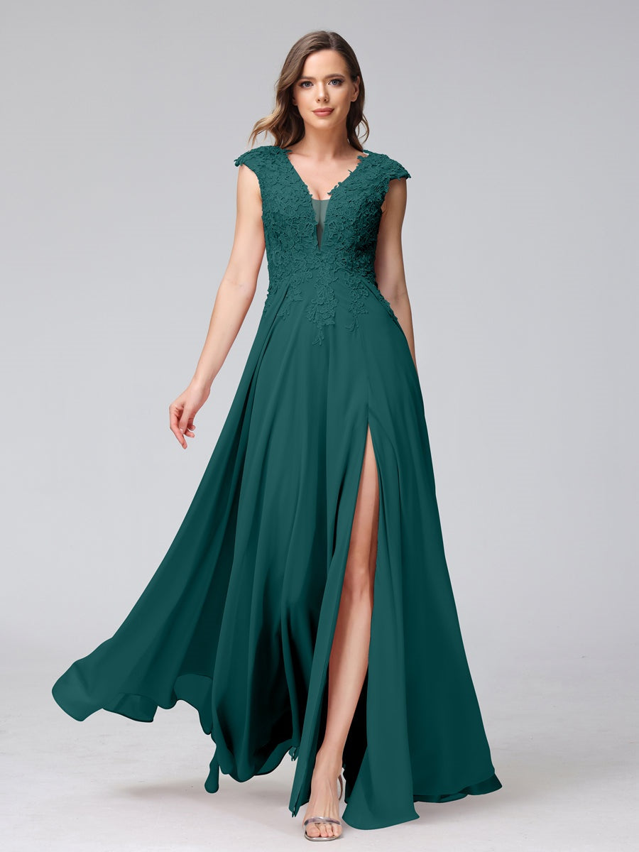 V-Neck Sleeveless A-Line Princess Chiffon Bridesmaid Dress with Applique and Side Split
