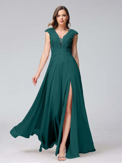 V-Neck Sleeveless A-Line Princess Chiffon Bridesmaid Dress with Applique and Side Split