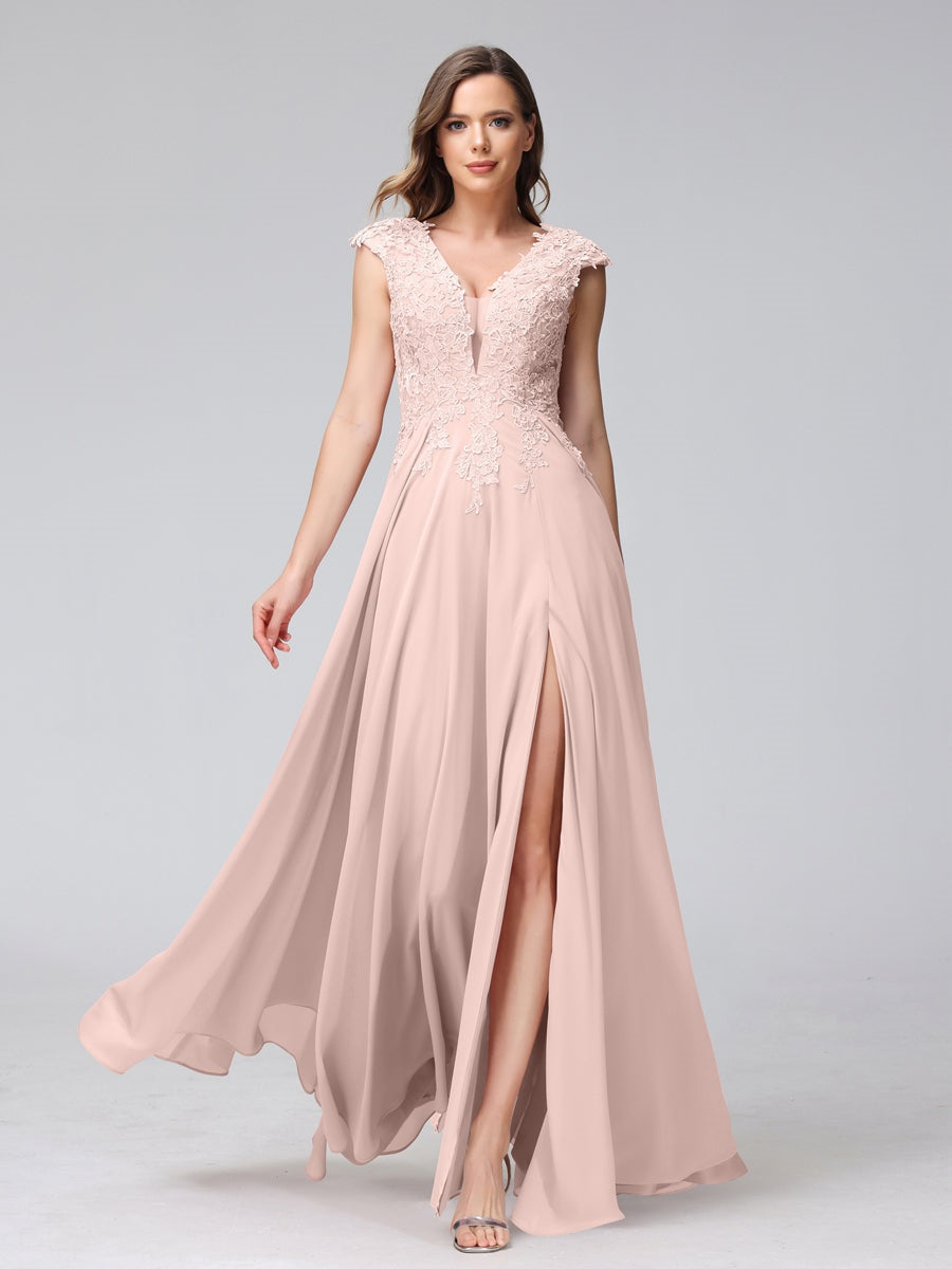 V-Neck Sleeveless A-Line Princess Chiffon Bridesmaid Dress with Applique and Side Split