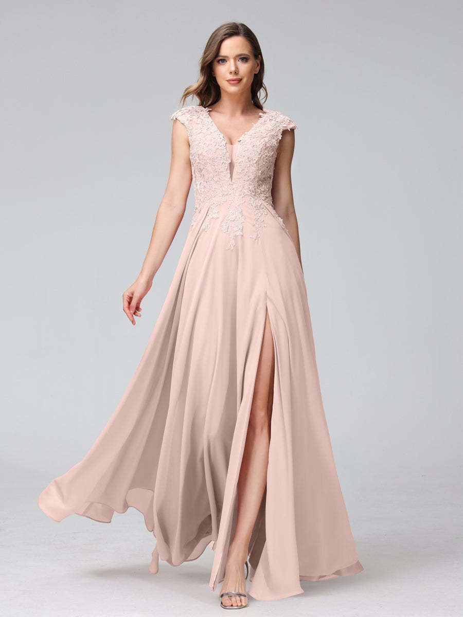 V-Neck Sleeveless A-Line Princess Chiffon Bridesmaid Dress with Applique and Side Split