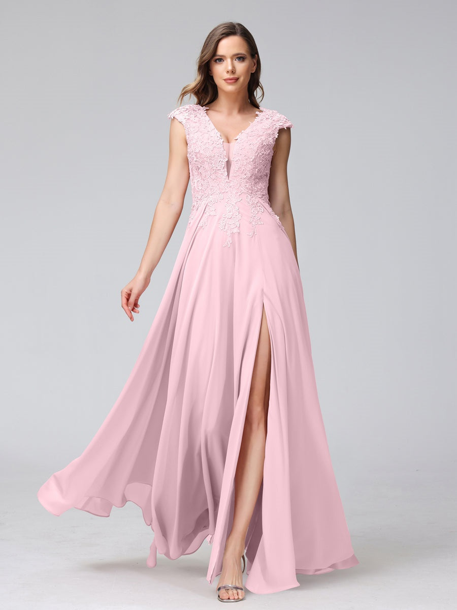 V-Neck Sleeveless A-Line Princess Chiffon Bridesmaid Dress with Applique and Side Split