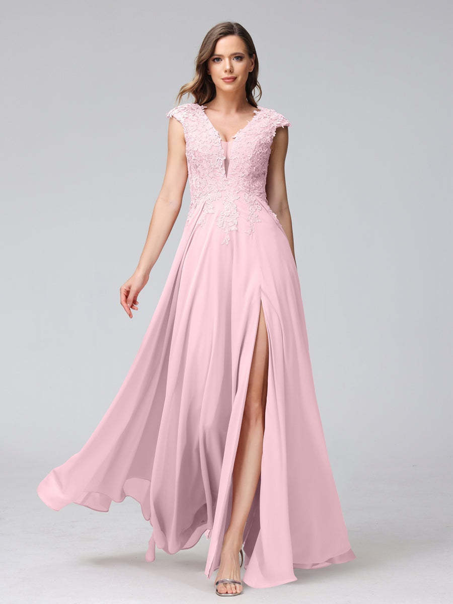 V-Neck Sleeveless A-Line Princess Chiffon Bridesmaid Dress with Applique and Side Split