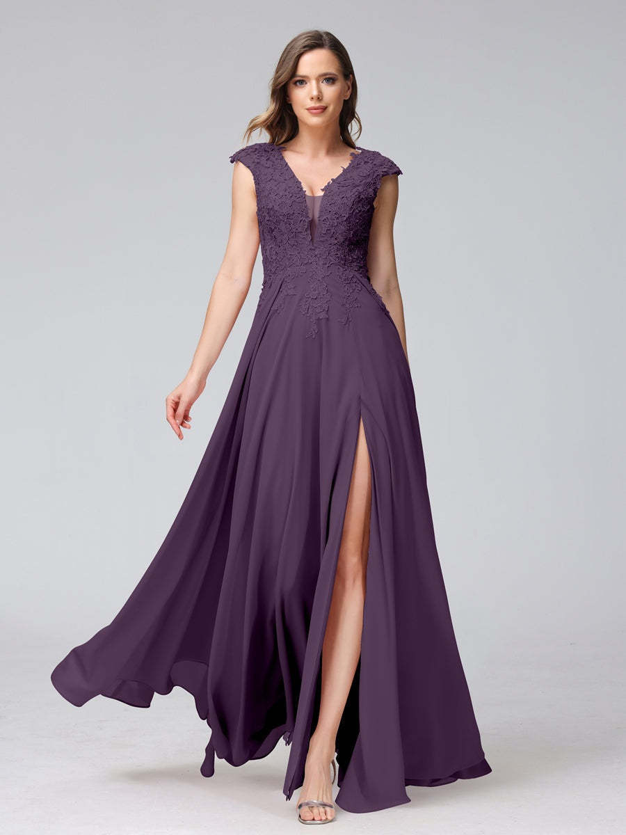 V-Neck Sleeveless A-Line Princess Chiffon Bridesmaid Dress with Applique and Side Split