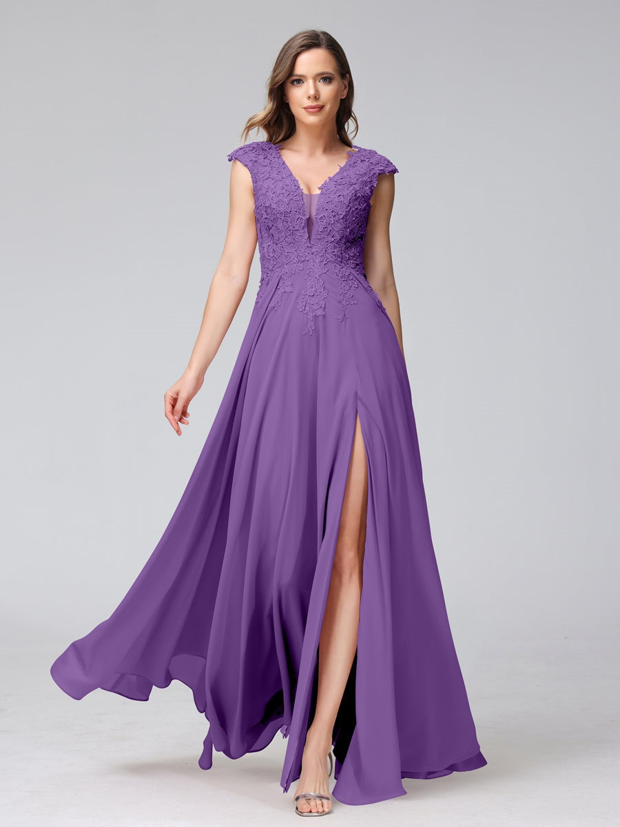 V-Neck Sleeveless A-Line Princess Chiffon Bridesmaid Dress with Applique and Side Split