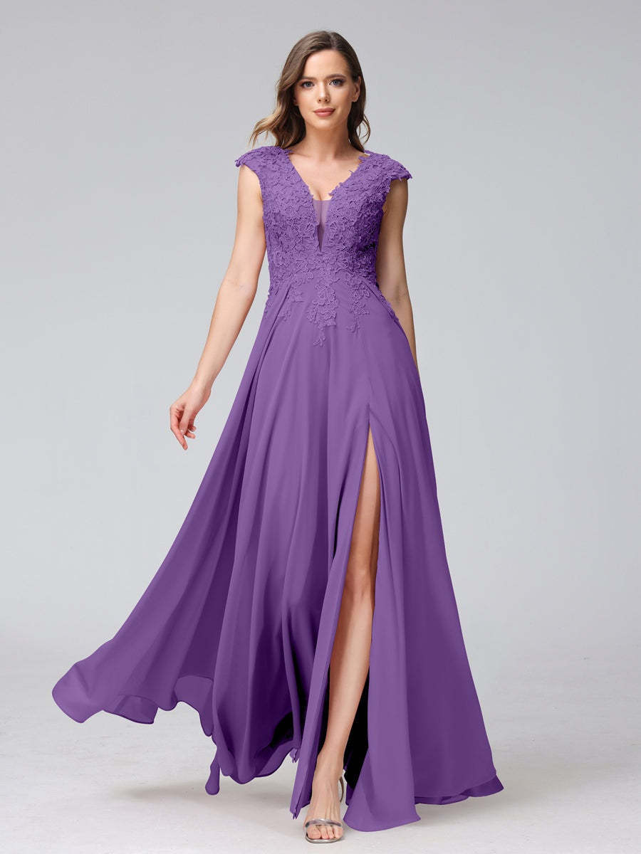 V-Neck Sleeveless A-Line Princess Chiffon Bridesmaid Dress with Applique and Side Split