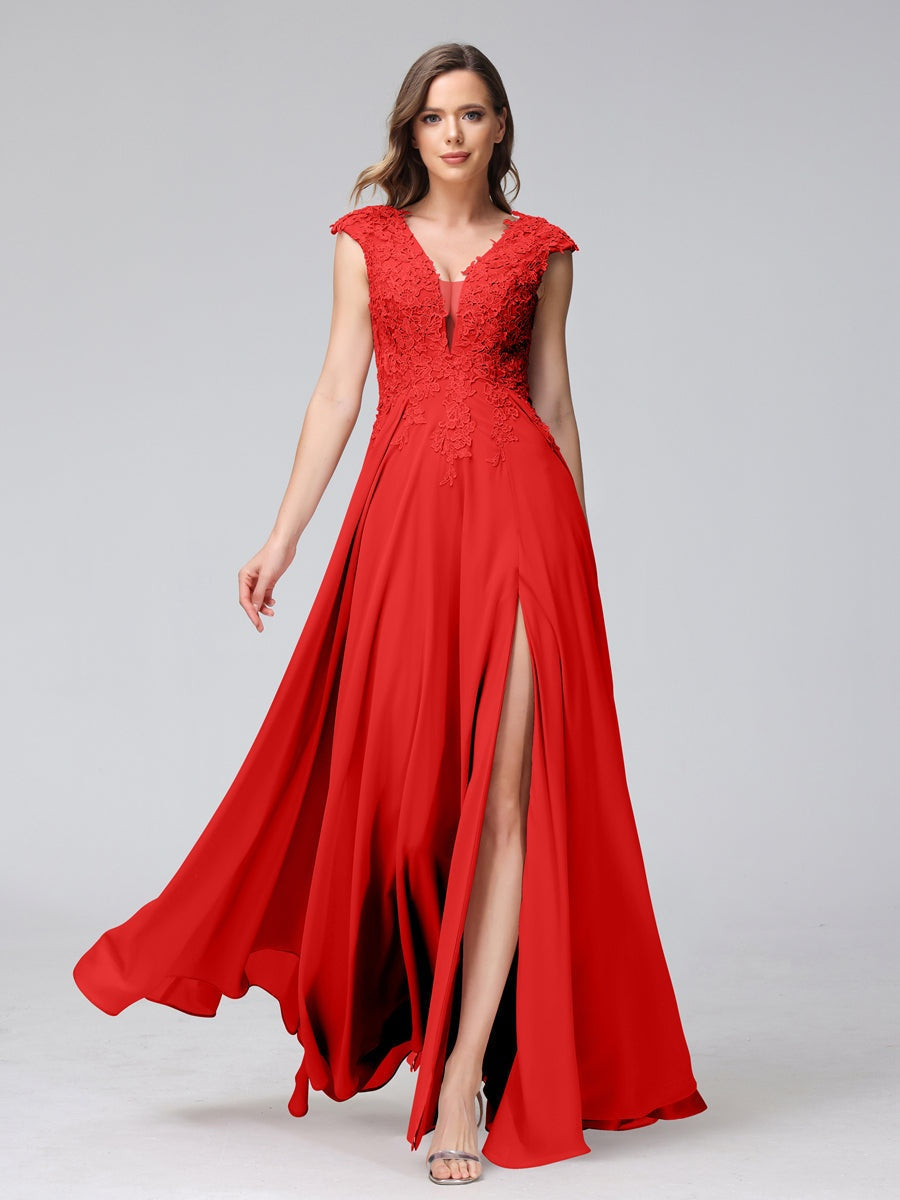V-Neck Sleeveless A-Line Princess Chiffon Bridesmaid Dress with Applique and Side Split