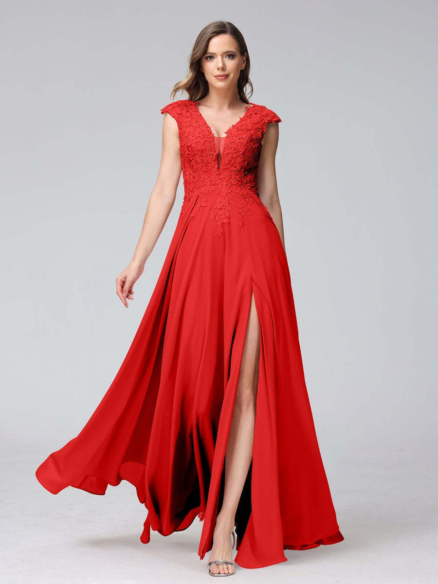 V-Neck Sleeveless A-Line Princess Chiffon Bridesmaid Dress with Applique and Side Split