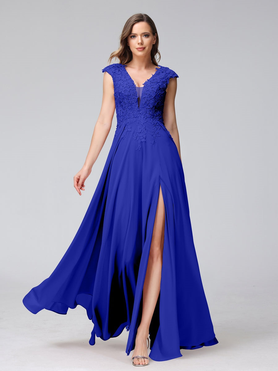 V-Neck Sleeveless A-Line Princess Chiffon Bridesmaid Dress with Applique and Side Split