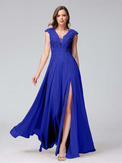 V-Neck Sleeveless A-Line Princess Chiffon Bridesmaid Dress with Applique and Side Split