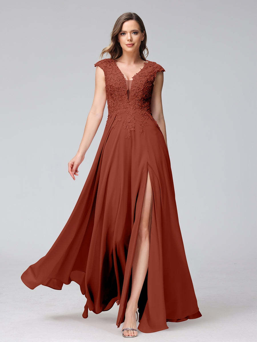 V-Neck Sleeveless A-Line Princess Chiffon Bridesmaid Dress with Applique and Side Split