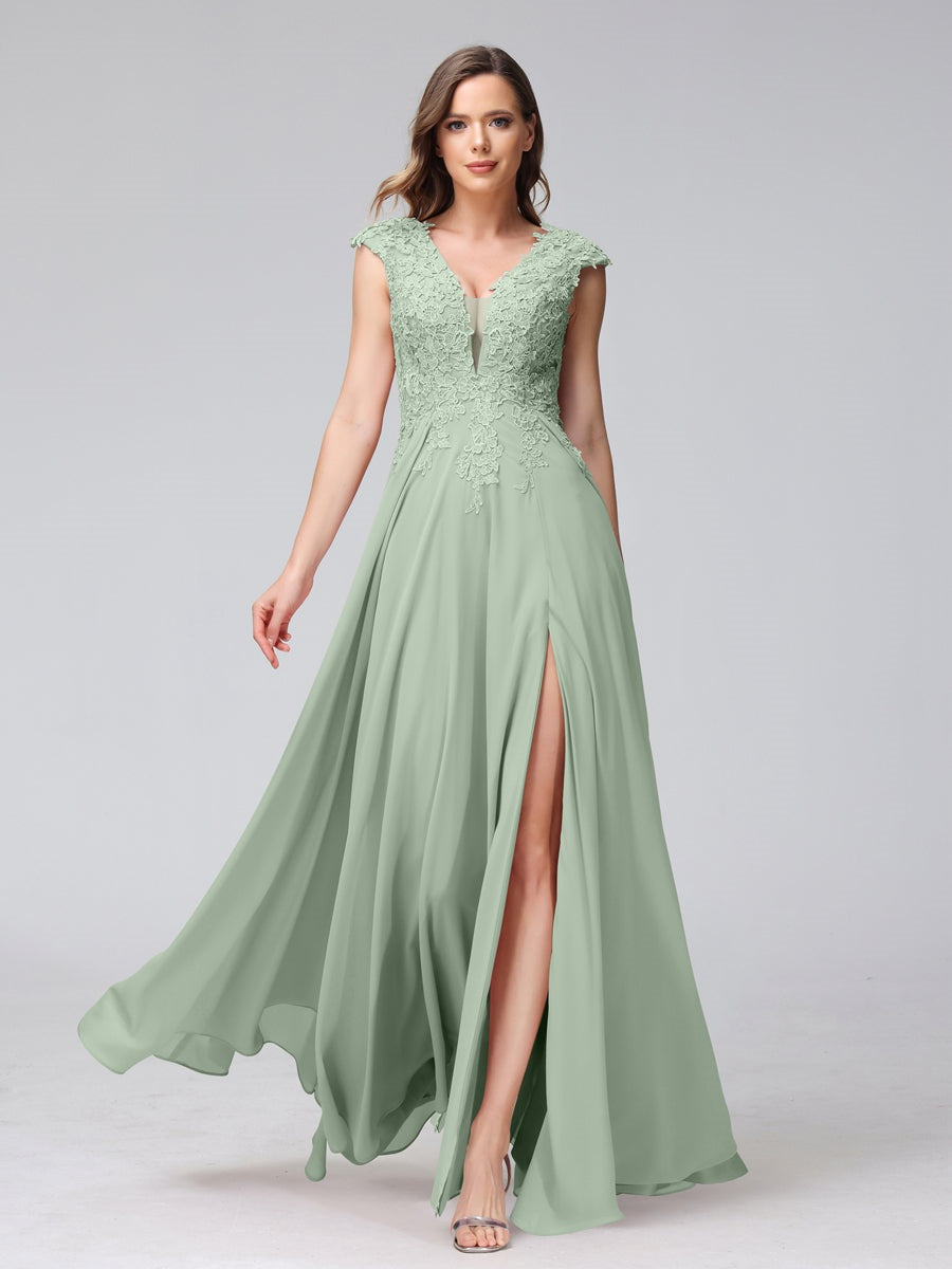 V-Neck Sleeveless A-Line Princess Chiffon Bridesmaid Dress with Applique and Side Split