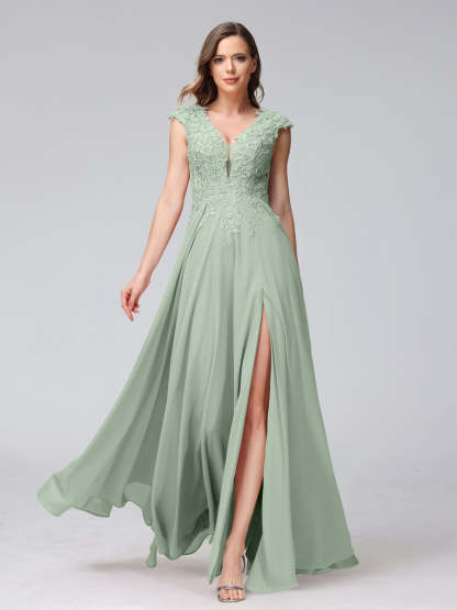 V-Neck Sleeveless A-Line Princess Chiffon Bridesmaid Dress with Applique and Side Split