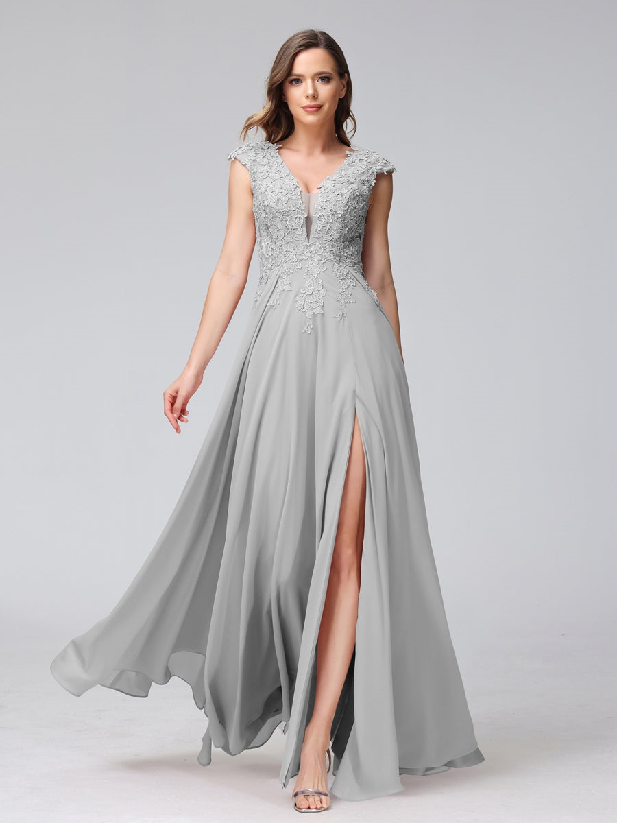 V-Neck Sleeveless A-Line Princess Chiffon Bridesmaid Dress with Applique and Side Split