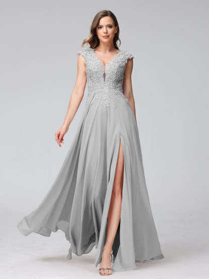 V-Neck Sleeveless A-Line Princess Chiffon Bridesmaid Dress with Applique and Side Split