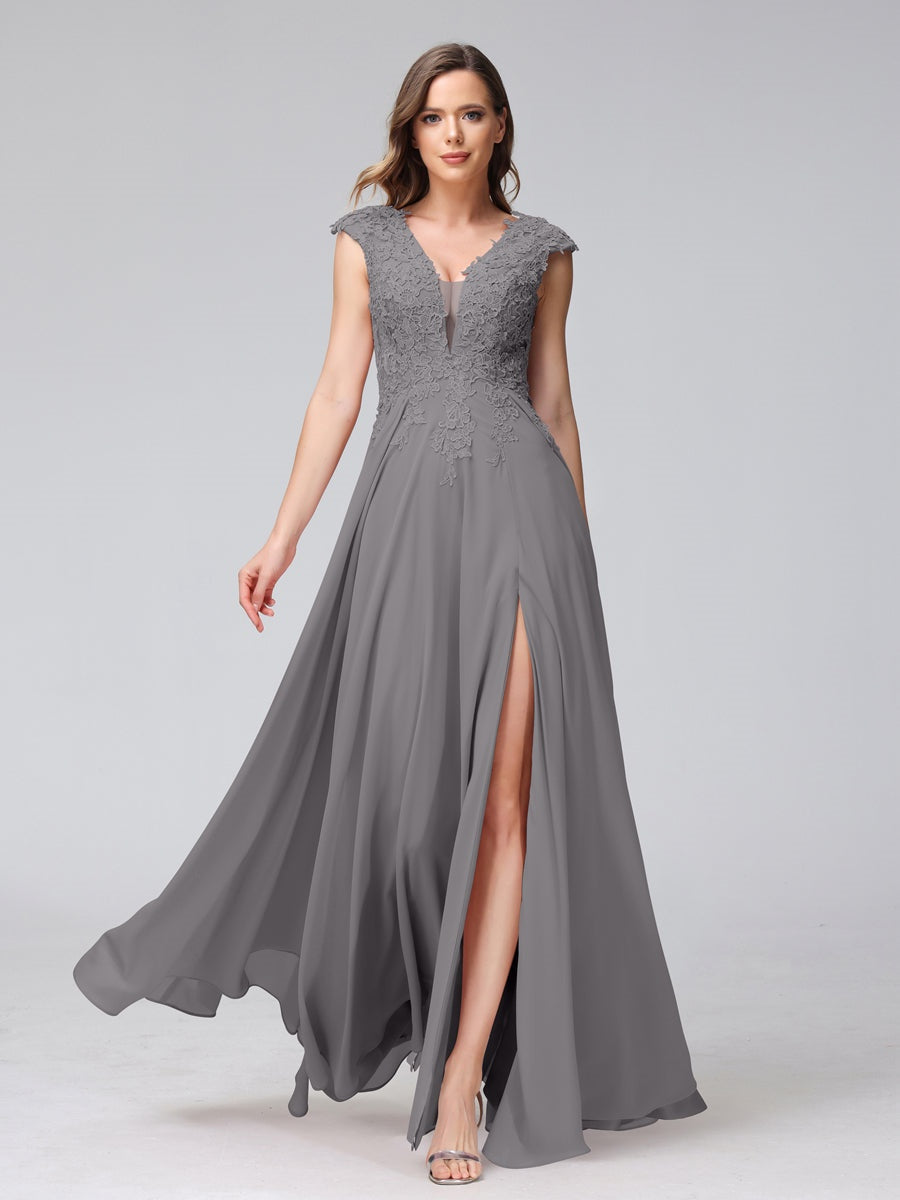 V-Neck Sleeveless A-Line Princess Chiffon Bridesmaid Dress with Applique and Side Split