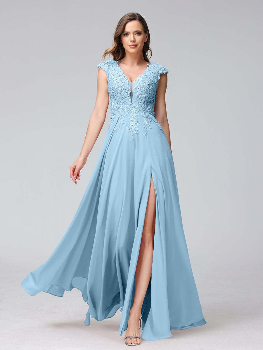 V-Neck Sleeveless A-Line Princess Chiffon Bridesmaid Dress with Applique and Side Split