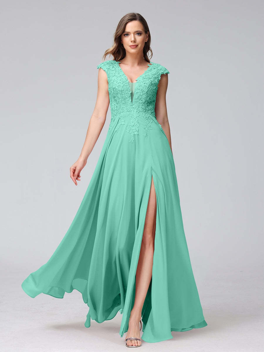 V-Neck Sleeveless A-Line Princess Chiffon Bridesmaid Dress with Applique and Side Split