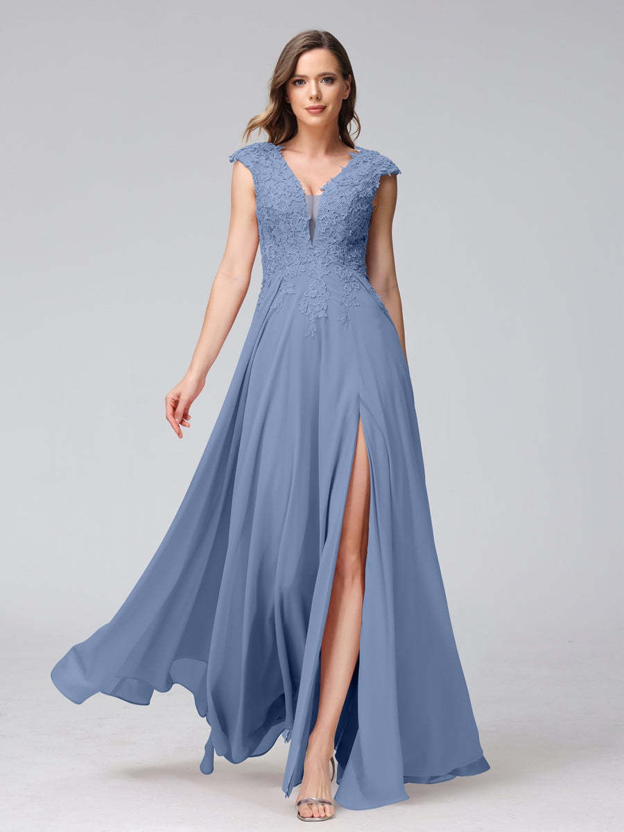 V-Neck Sleeveless A-Line Princess Chiffon Bridesmaid Dress with Applique and Side Split
