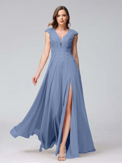 V-Neck Sleeveless A-Line Princess Chiffon Bridesmaid Dress with Applique and Side Split