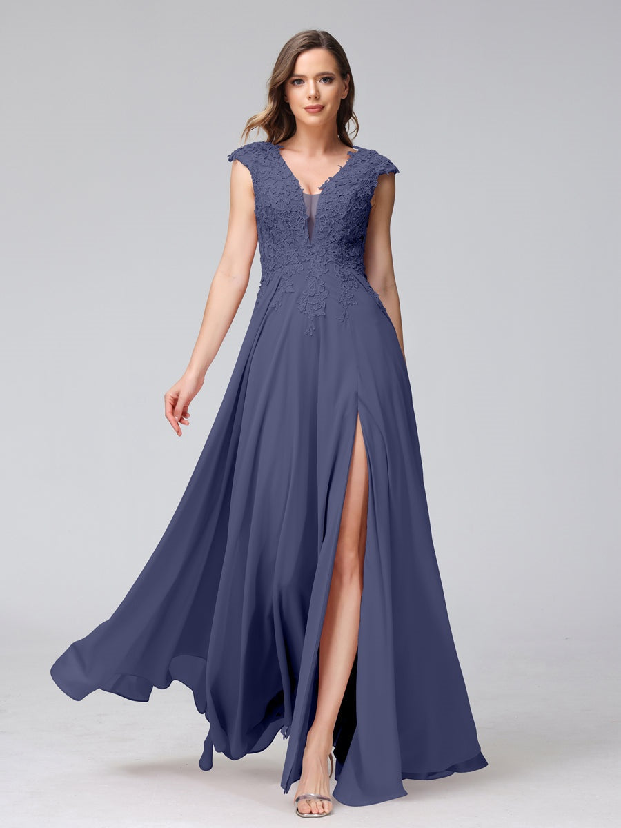 V-Neck Sleeveless A-Line Princess Chiffon Bridesmaid Dress with Applique and Side Split
