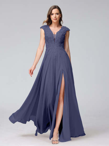 V-Neck Sleeveless A-Line Princess Chiffon Bridesmaid Dress with Applique and Side Split