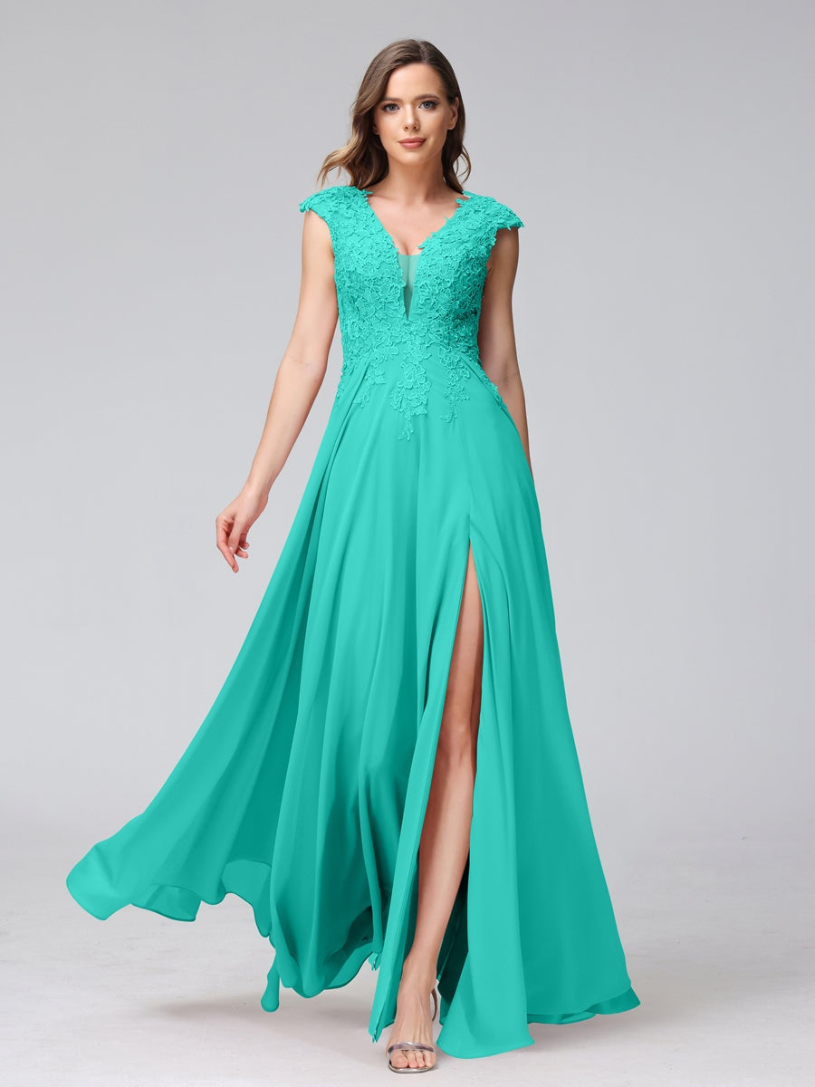 V-Neck Sleeveless A-Line Princess Chiffon Bridesmaid Dress with Applique and Side Split