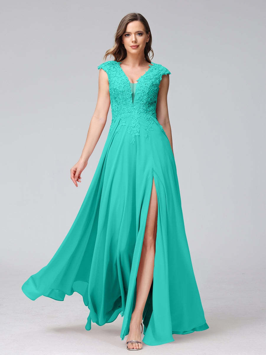 V-Neck Sleeveless A-Line Princess Chiffon Bridesmaid Dress with Applique and Side Split