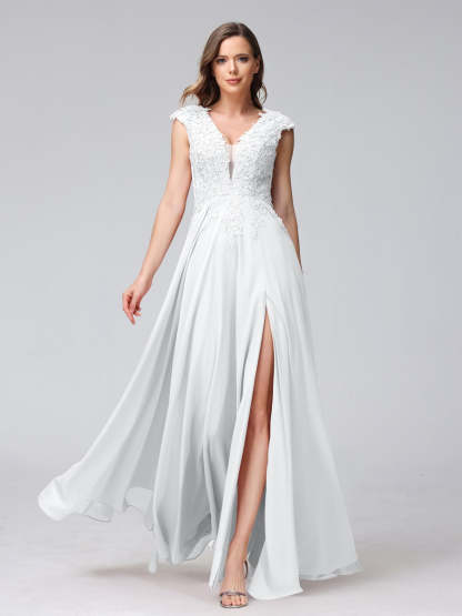 V-Neck Sleeveless A-Line Princess Chiffon Bridesmaid Dress with Applique and Side Split