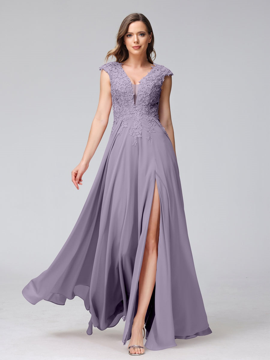 V-Neck Sleeveless A-Line Princess Chiffon Bridesmaid Dress with Applique and Side Split
