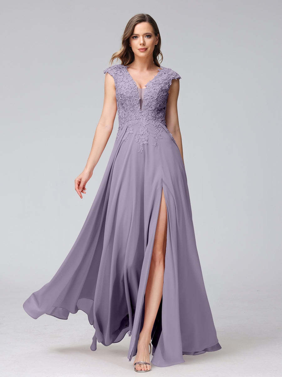 V-Neck Sleeveless A-Line Princess Chiffon Bridesmaid Dress with Applique and Side Split